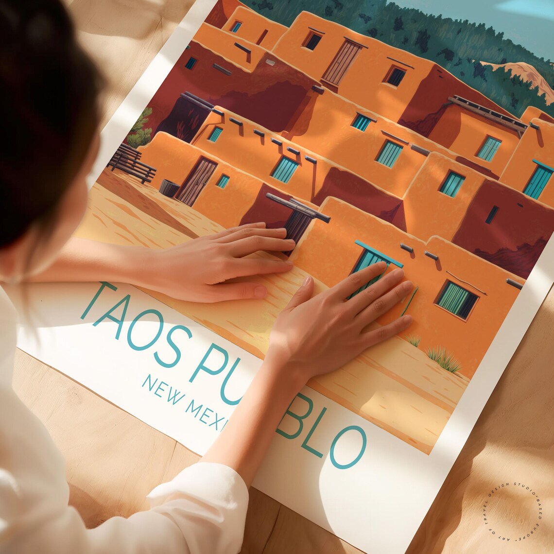 Taos Pueblo New Mexico Adobe Village Vintage Southwest Travel Poster - Image 3