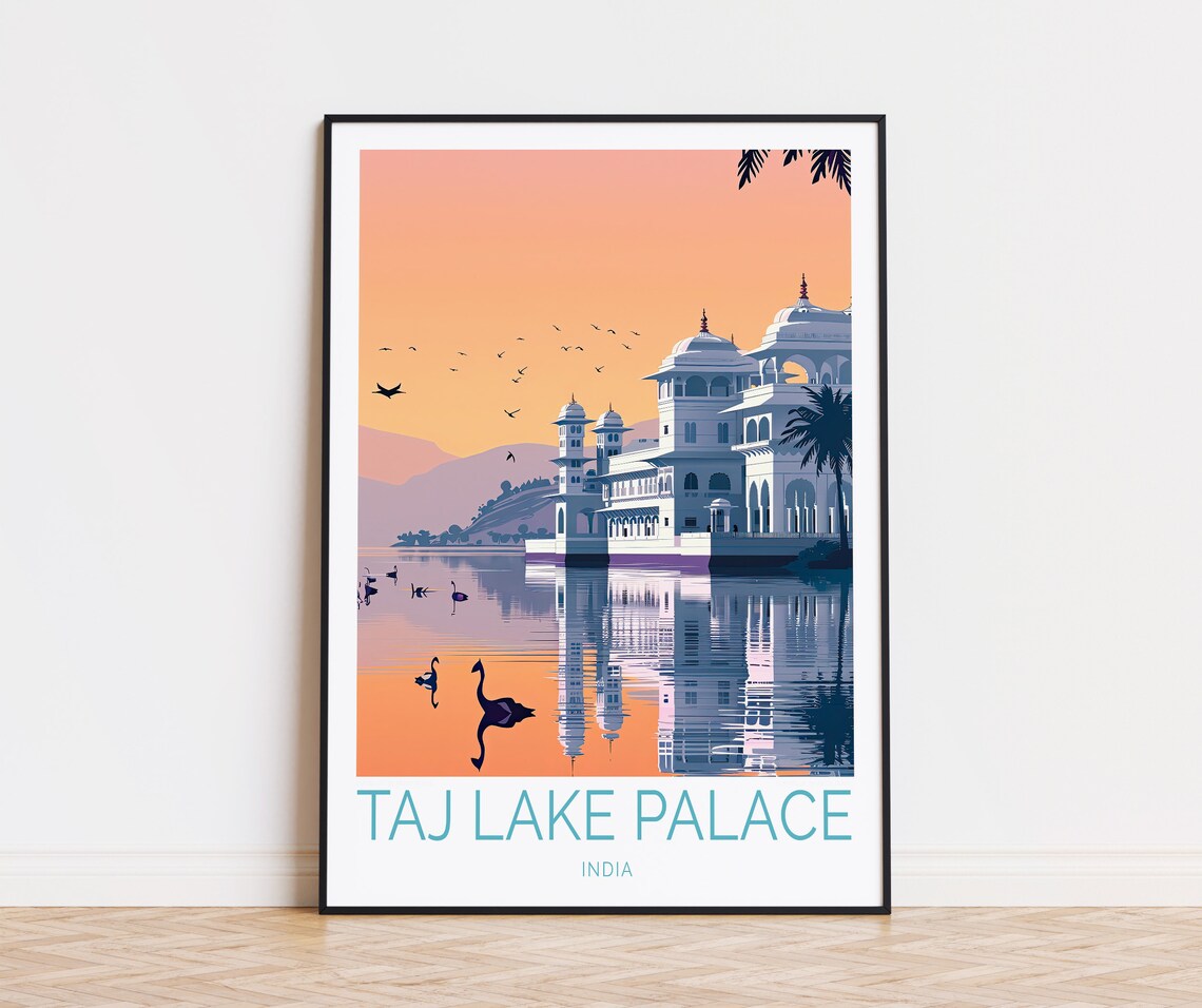 Taj Lake Palace Udaipur Sunset Reflection Flamingos India Poster