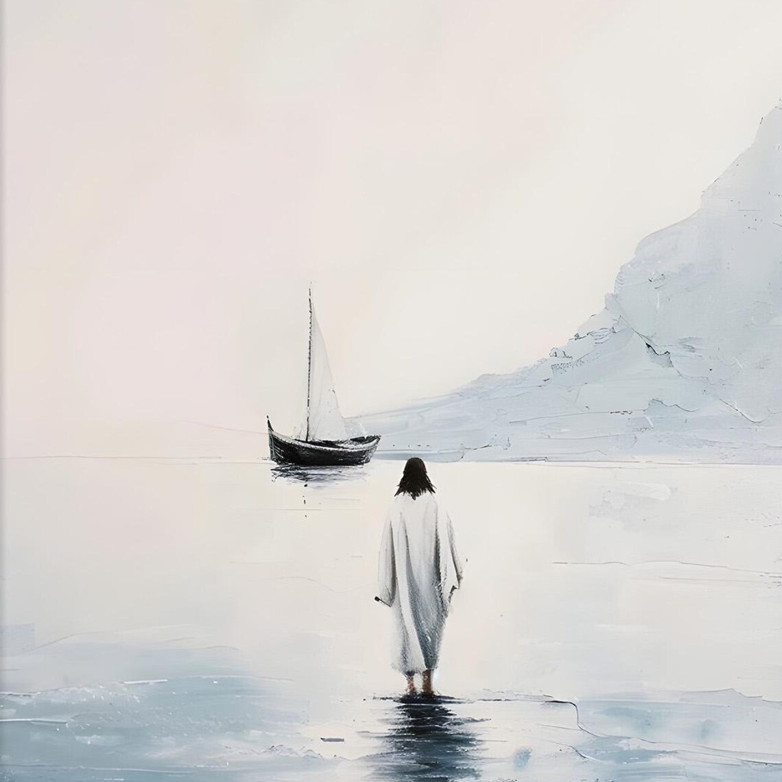 Minimalist Jesus Walking On Water Toward Sailboat Painting Poster