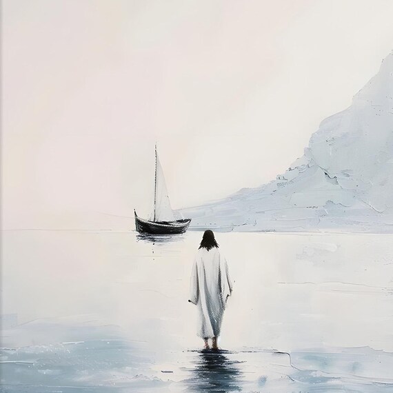 Minimalist Jesus Walking On Water Toward Sailboat Painting Poster