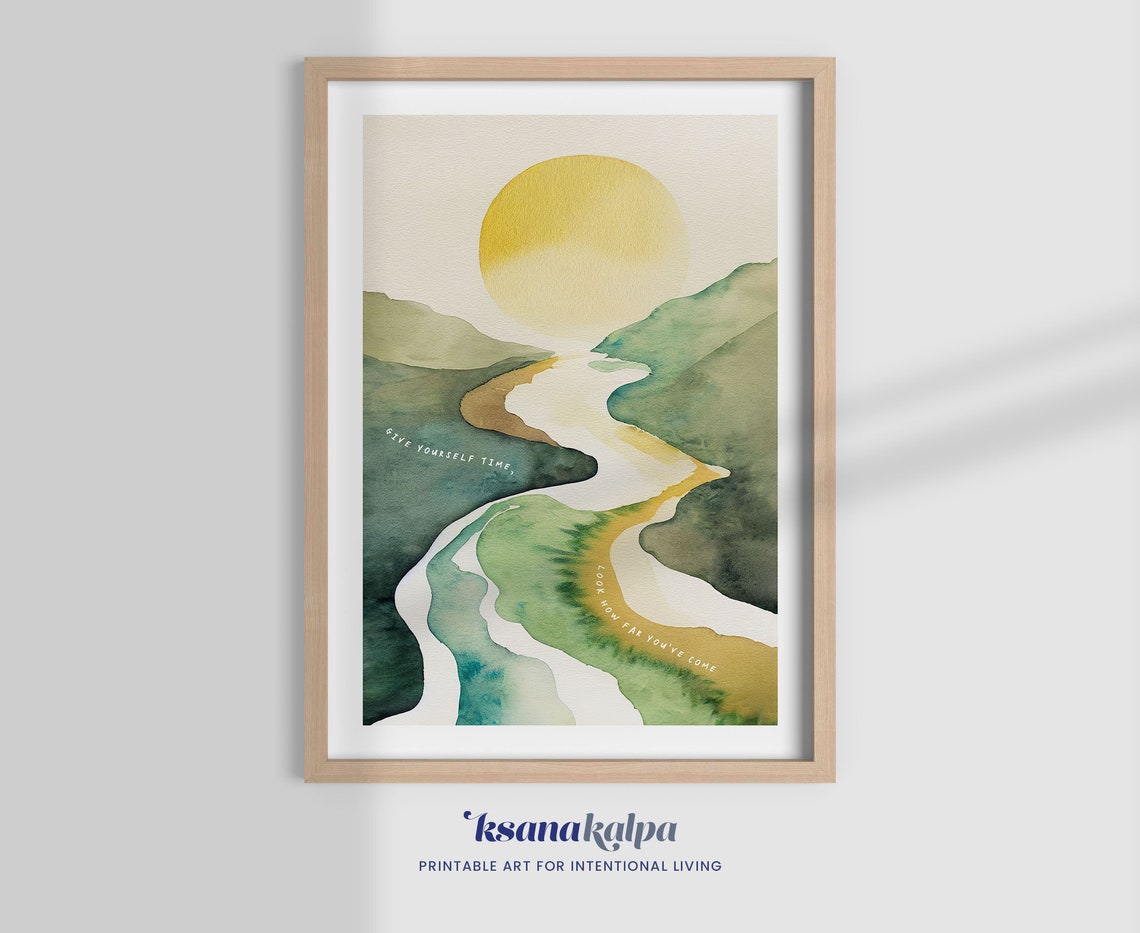 Give Yourself Time Winding River Sunset Watercolor Quote Poster