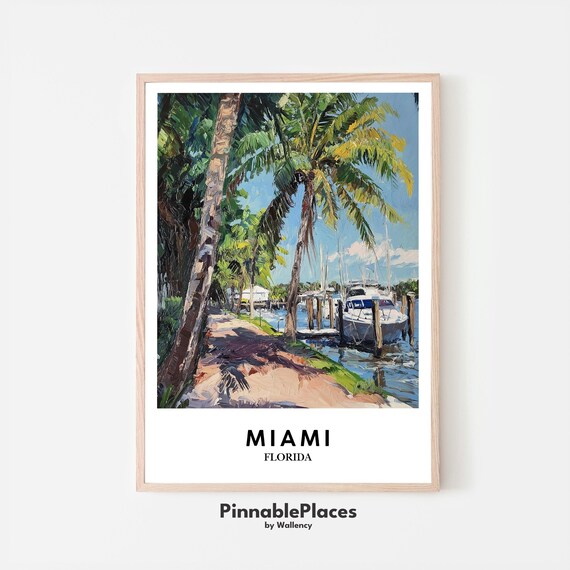 Miami Florida Palm Marina Boats Oil Painting Style Travel Poster