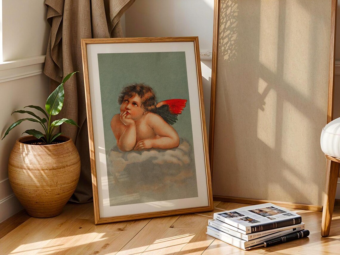 Cherub Angel Vintage Classic Painting Cloud Muted Green Poster - Image 4