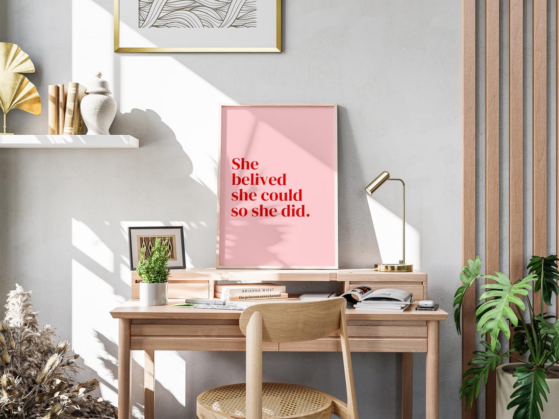 She Believed She Could So She Did Pink Motivational Quote Wall Art