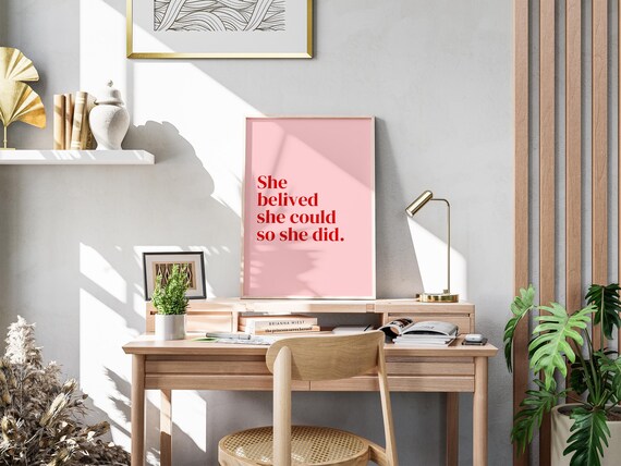 She Believed She Could So She Did Pink Motivational Quote Wall Art
