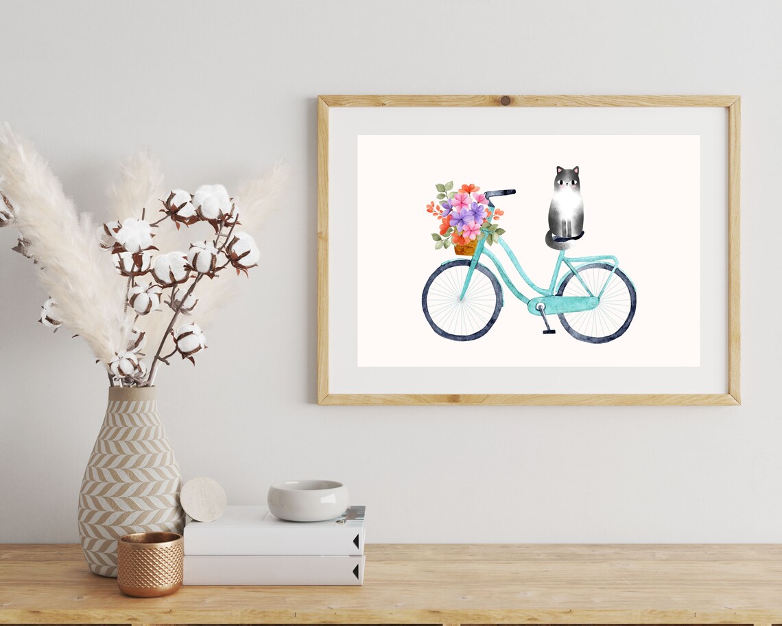 Boho Cat On Bike, Floral Watercolor Art Print - Image 3