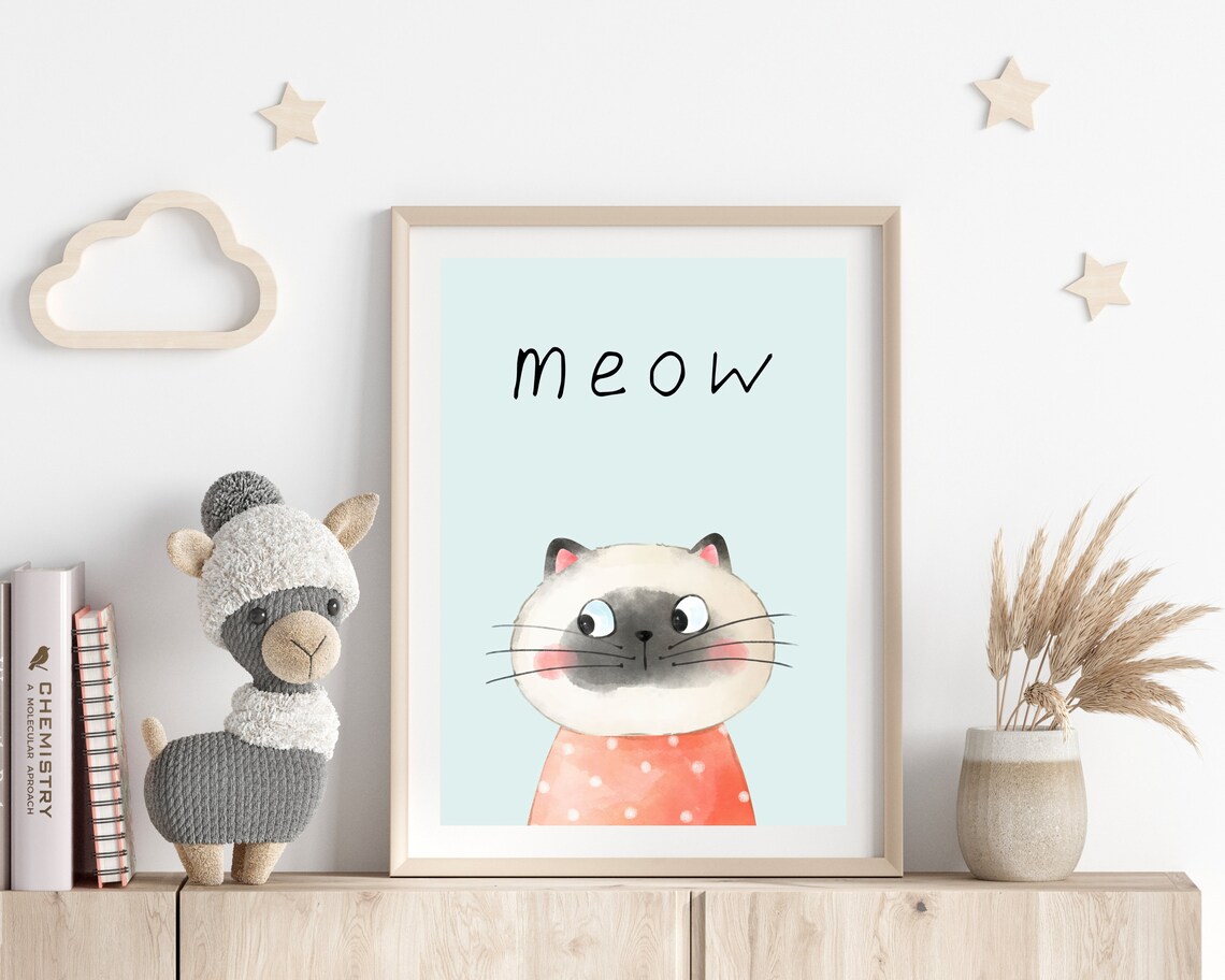 Meow Cute Cartoon Cat Blue Kids Room Nursery Playful Decor Poster - Image 3