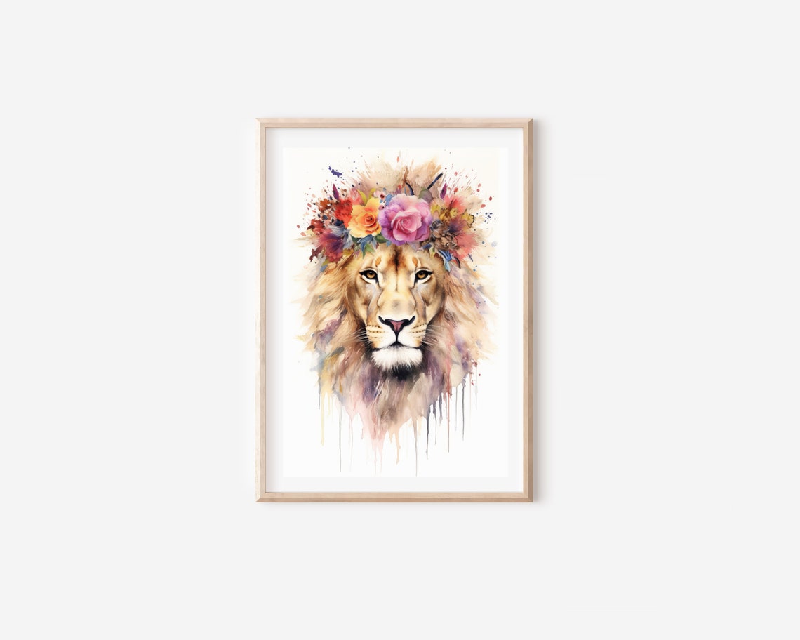 Watercolor Lion Print Flower Crown Animal Art Watercolor Lion Wall Art Safari Animal Painting Original Lion Portrait Drawing - Image 5