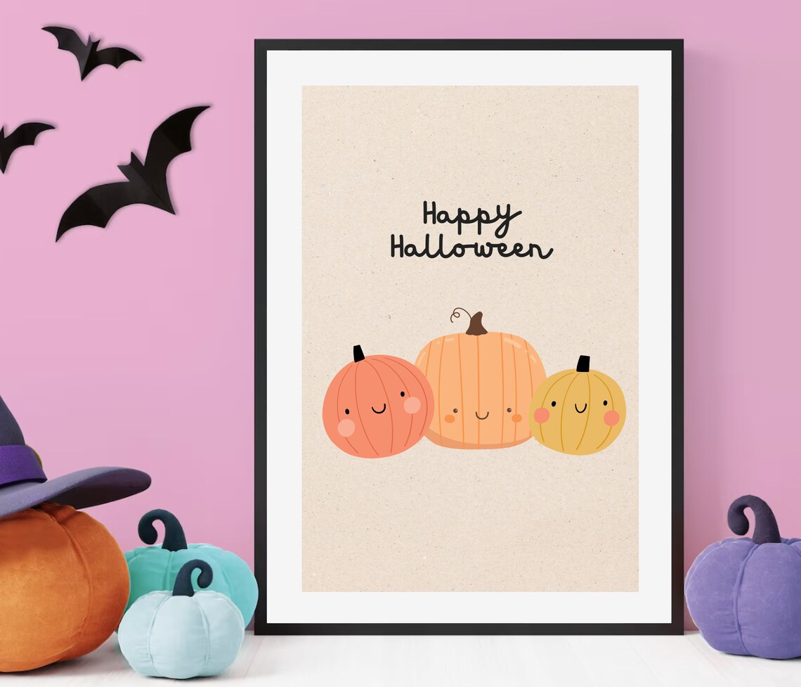 Happy Halloween Three Cute Smiling Pumpkins Kids Nursery Wall Art - Image 2