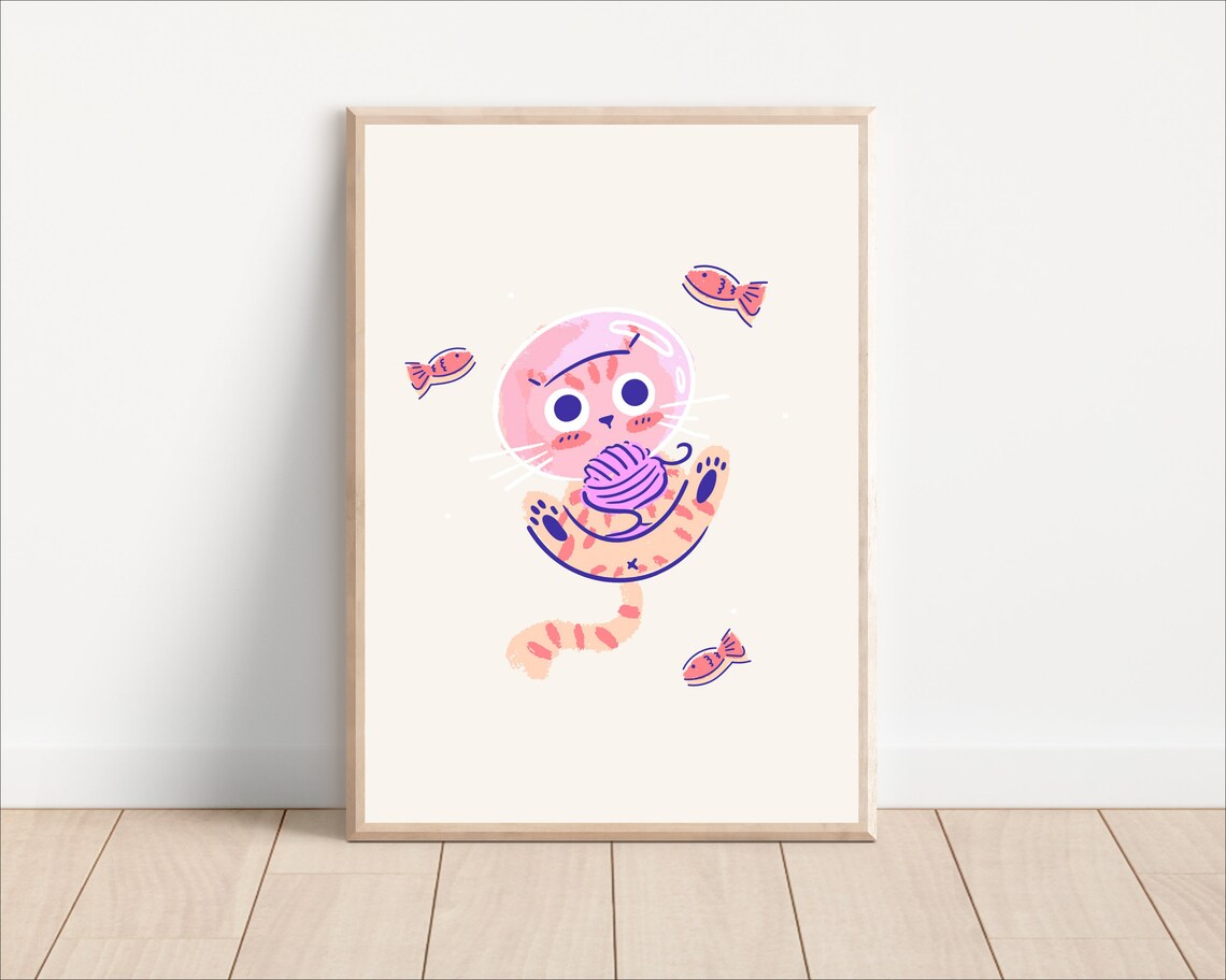 Outer Space Cat And Fish Nursery Art Print