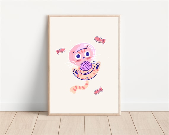 Outer Space Cat And Fish Nursery Art Print
