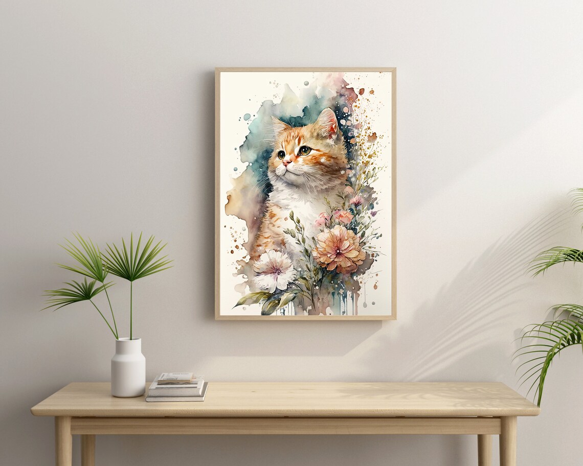 Watercolor Orange Tabby Cat With Floral Botanical Nursery Wall Art - Image 3