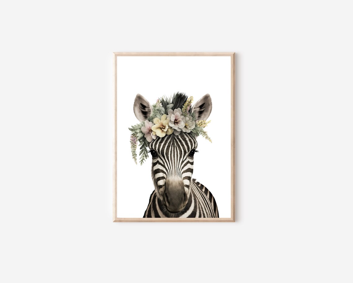 Boho Zebra Wearing Flower Crown Portrait Nursery Safari Wall Art - Image 4