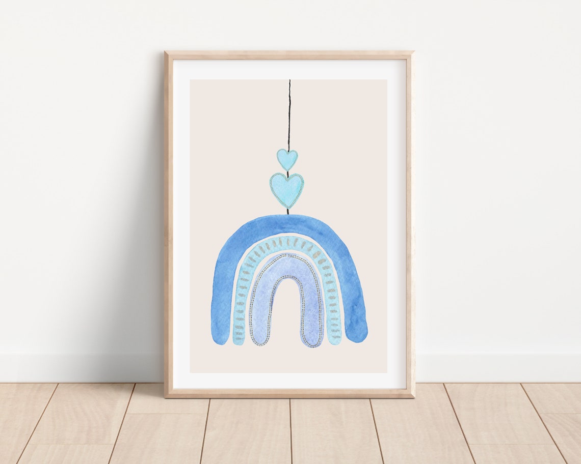 Boho Watercolor Rainbow and Heart Nursery Art Print