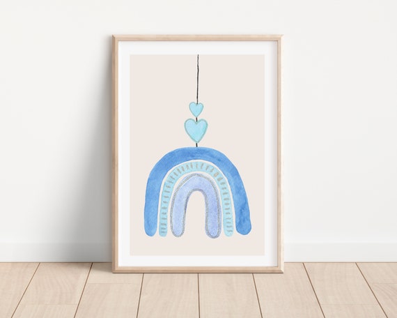 Boho Watercolor Rainbow and Heart Nursery Art Print