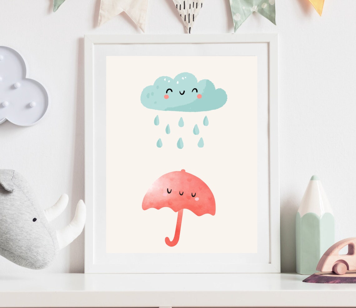 Cute Rainy Cloud And Umbrella Nursery Decor, Art Print - Image 2