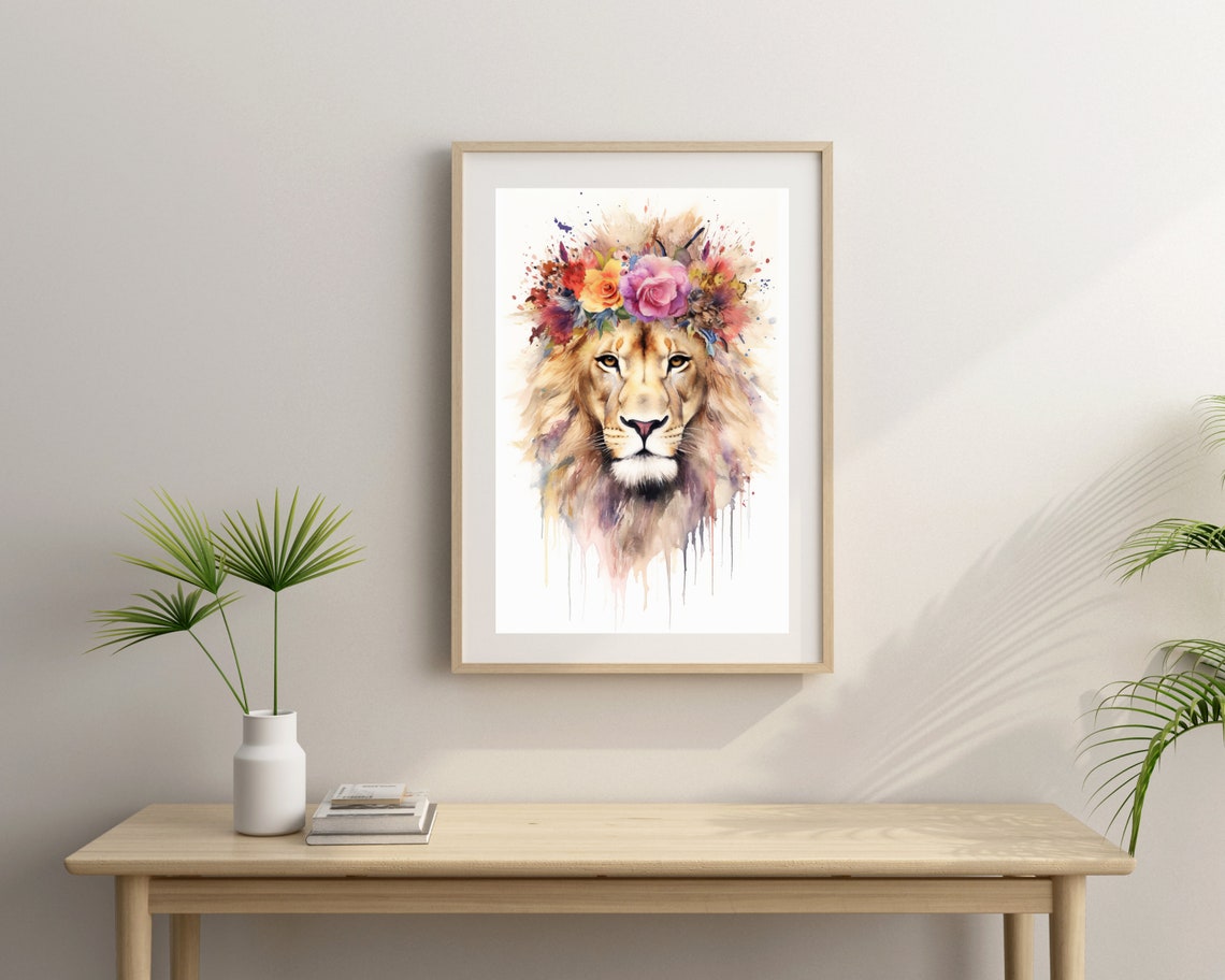 Watercolor Lion Print Flower Crown Animal Art Watercolor Lion Wall Art Safari Animal Painting Original Lion Portrait Drawing - Image 4
