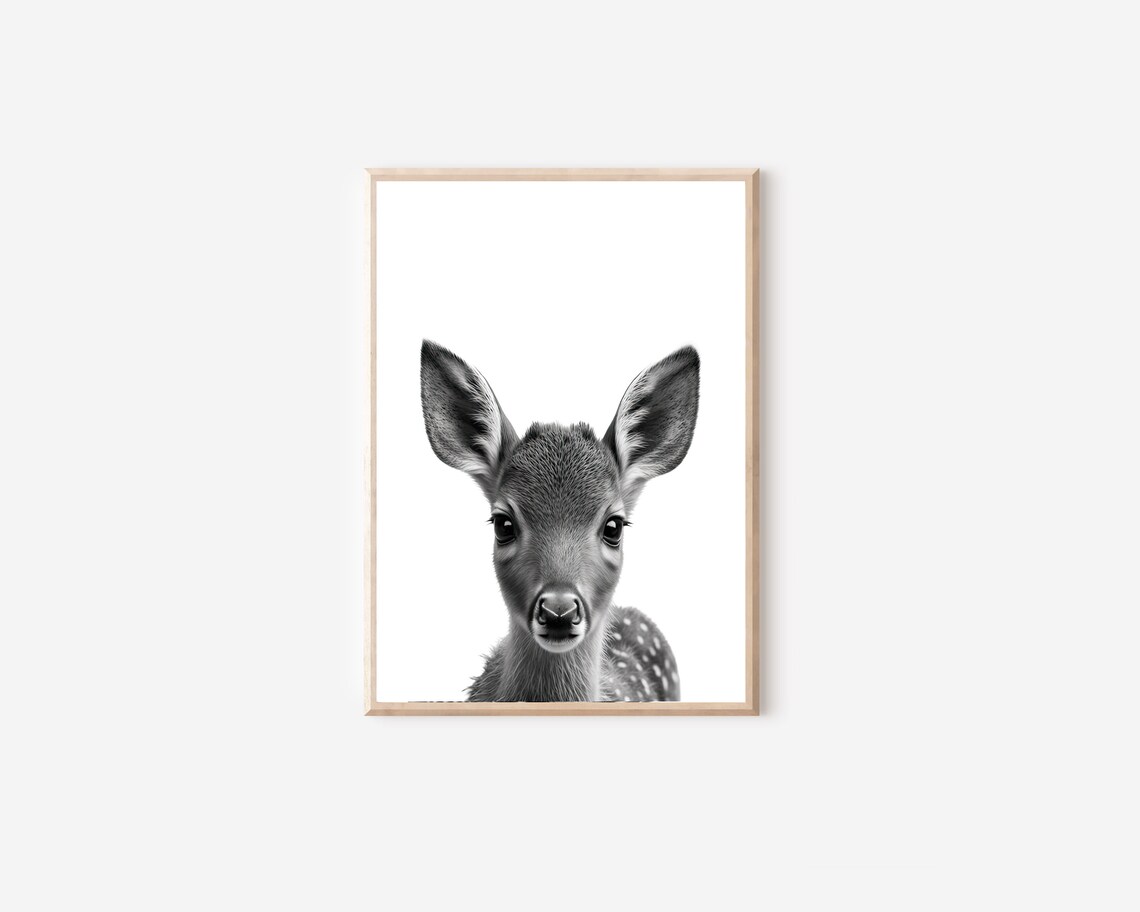 Black And White Baby Deer Fawn Portrait Minimalist Nursery Wall Art - Image 4