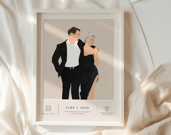 Personalised Couple Poster Art Illustration Gift Boyfriend Girlfriend Partner Husband Wife Anniversary Custom Portrait