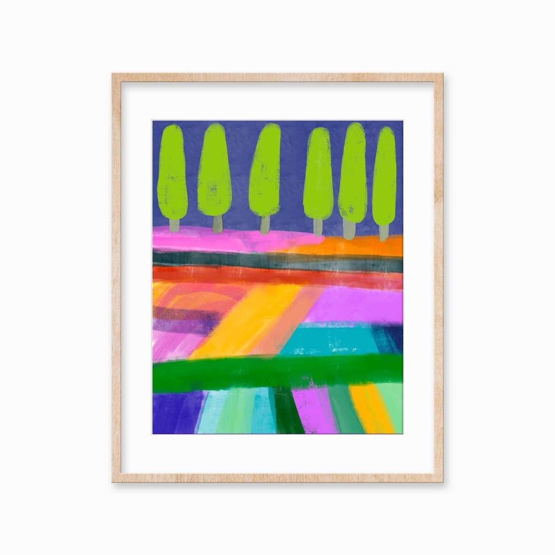 Colorful Abstract Landscape Green Cypress Trees Rainbow Wall Poster