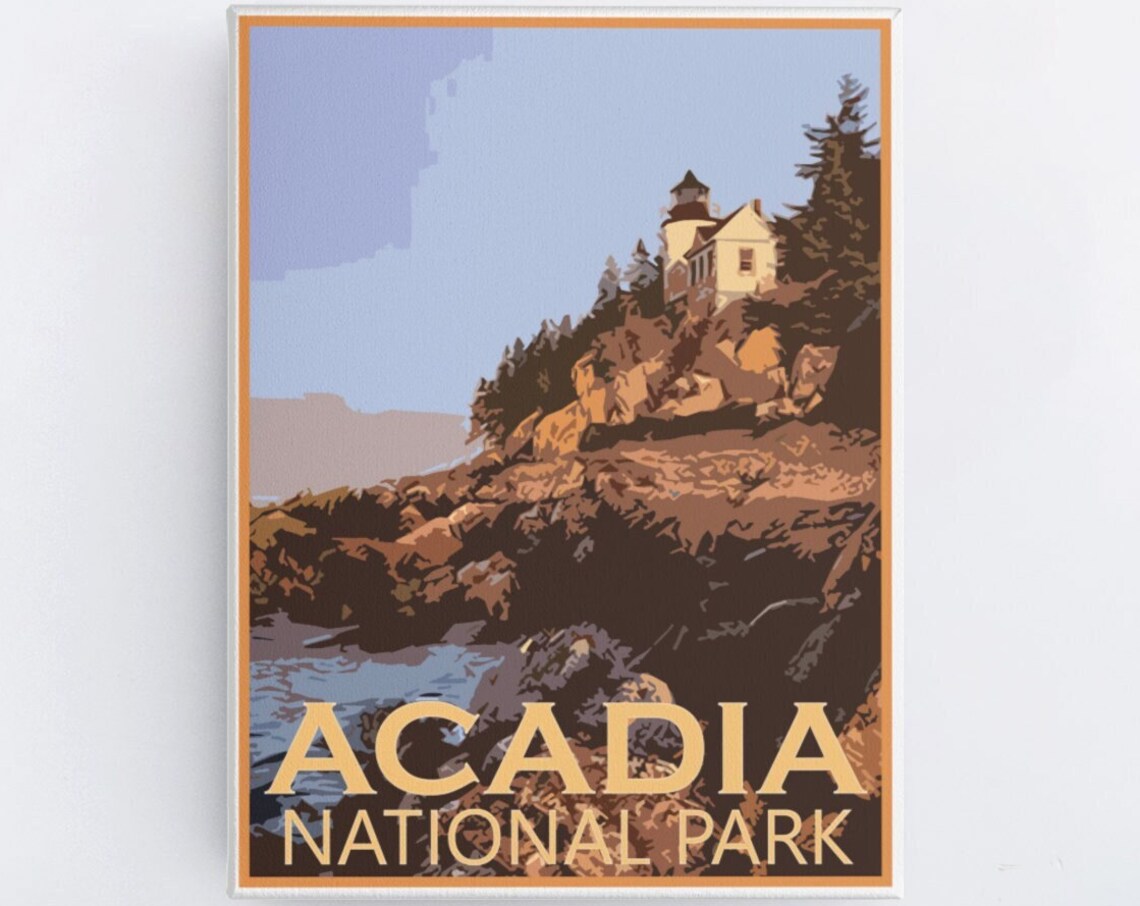 Acadia National Park Lighthouse on Rocky Coast Travel Poster