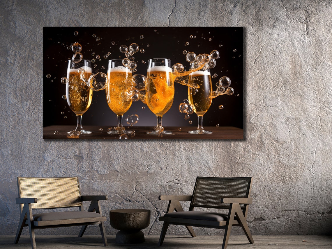 Four Beer Glasses Splashing Bubbles Black Background Kitchen Poster - Image 2