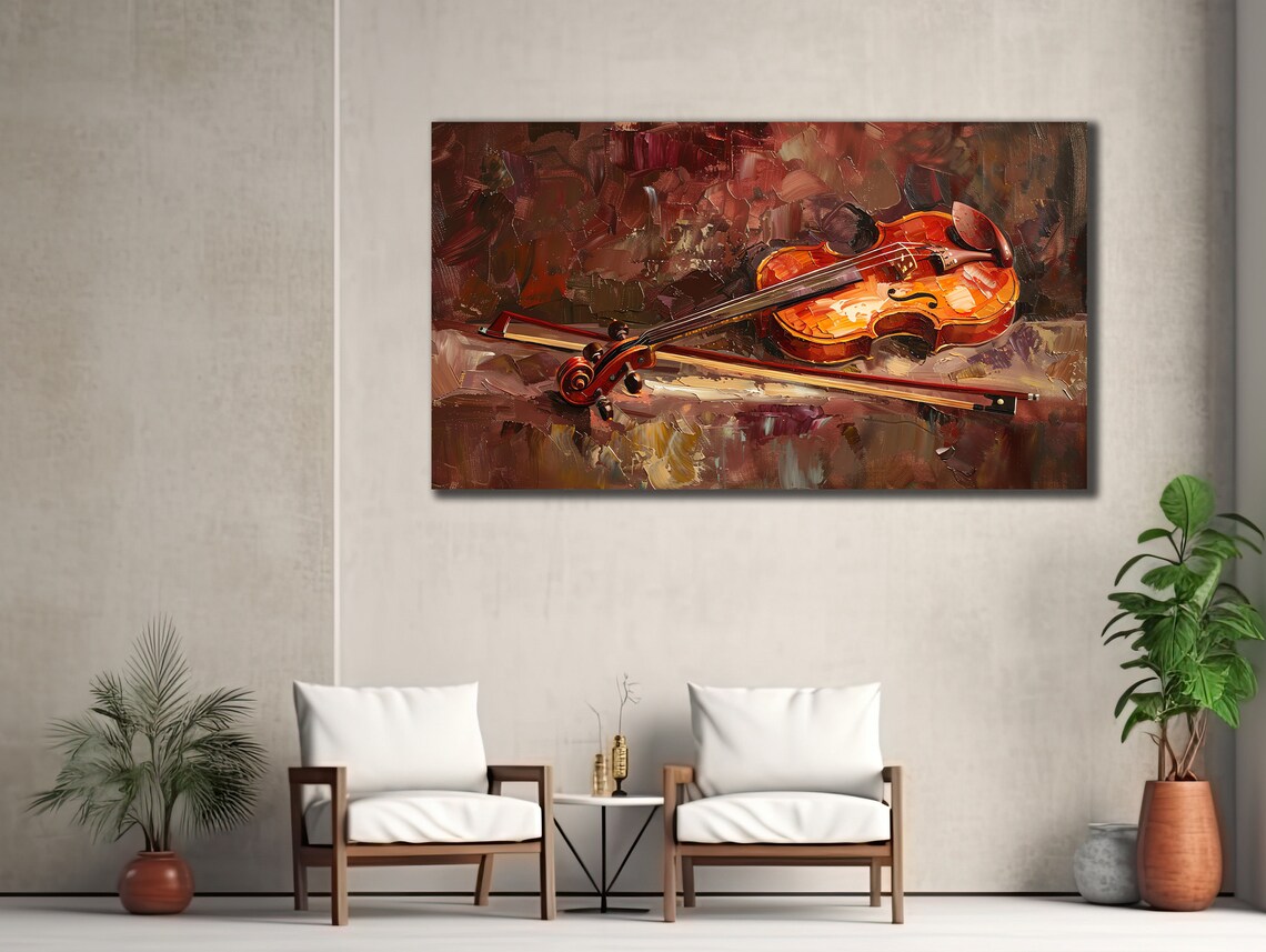 Vintage Violin Still Life Oil Painting Warm Amber Instrument Art Print