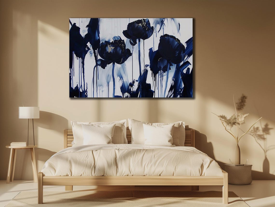 Navy Blue Flowers Abstract Dripping Paint Modern Floral Artwork Poster