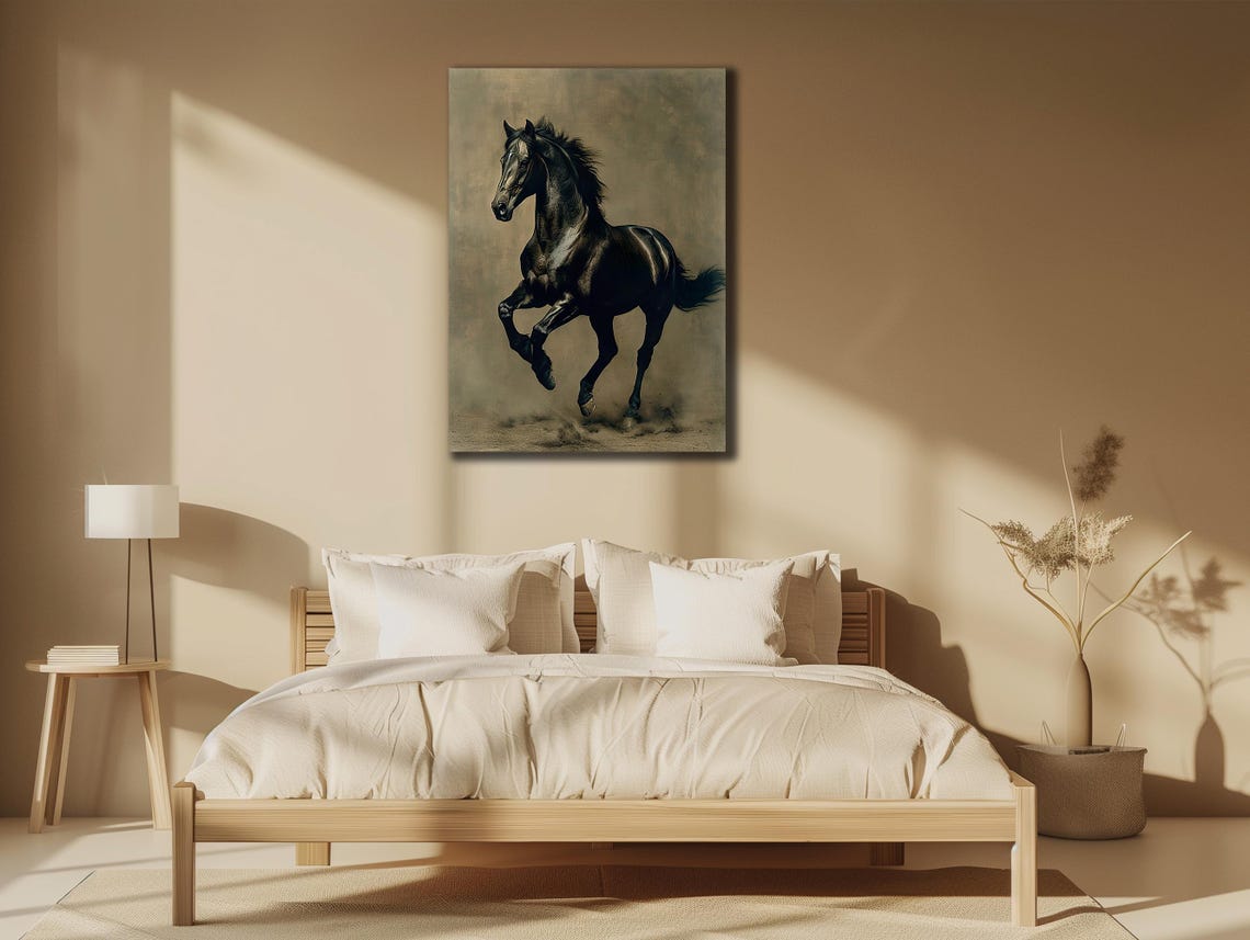 Majestic Black Horse Galloping Dramatic Vintage Style Animal Poster