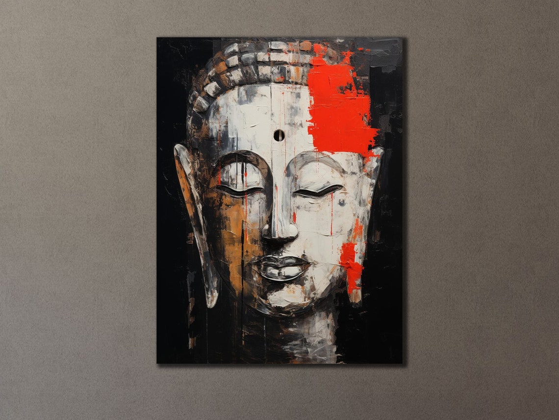 Buddha Face Black White Red Accent Zen Spiritual Painting Poster - Image 3