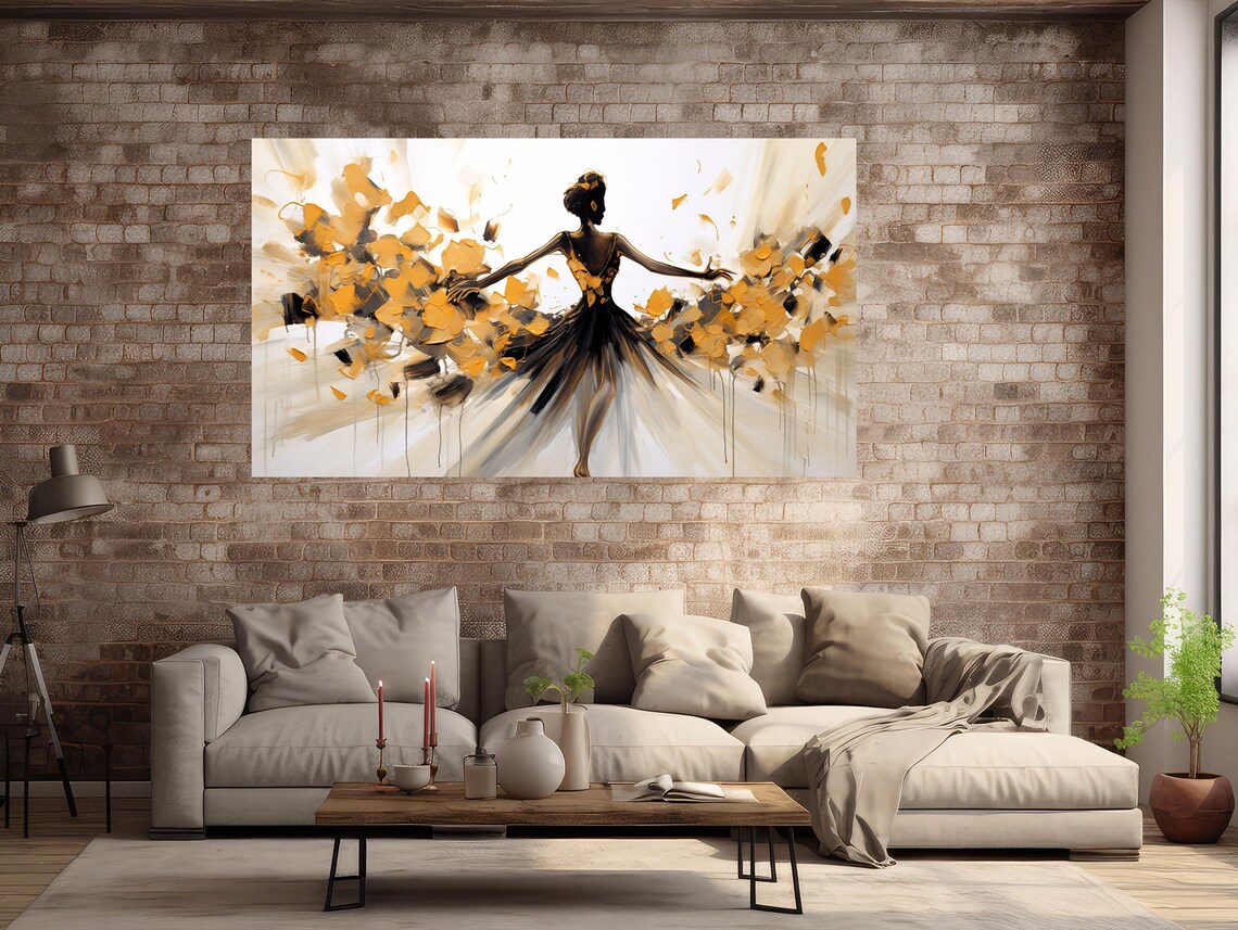 Ballerina Silhouette Black Dress Golden Confetti White Art Poster - Image 2