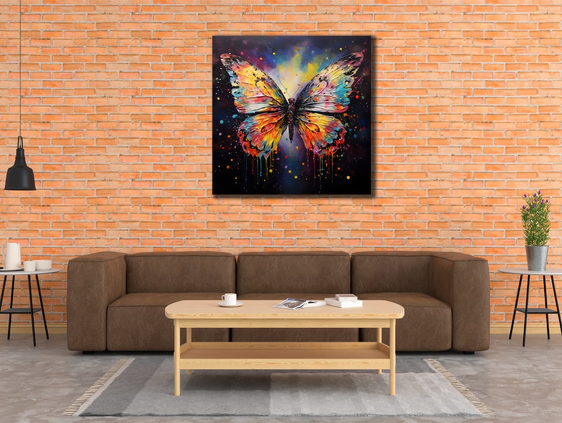 Rainbow Butterfly on Black Splatter Paint Vivid Animal Wall Art - Image 3