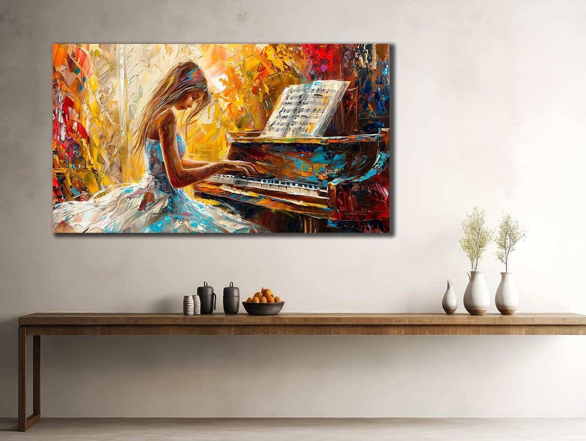Woman Playing Grand Piano Colorful Impasto Oil Music Room Wall Art Print Poster - Image 2
