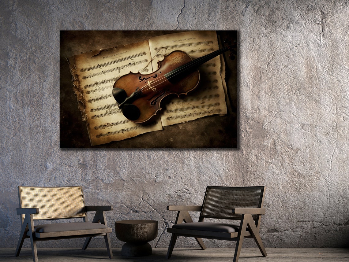 Vintage Violin on Old Sheet Music Classical Instrument Wall Poster - Image 3