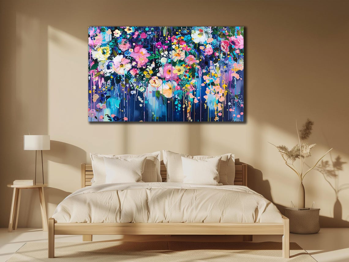 Vibrant Abstract Floral Garden Midnight Blue Dripping Paint Art Poster - Image 2