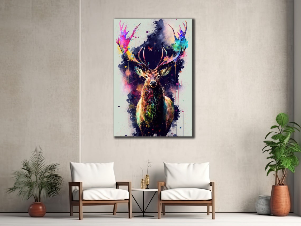 Deer Colorful Splash Antlers Watercolor Galaxy Wall Art Print