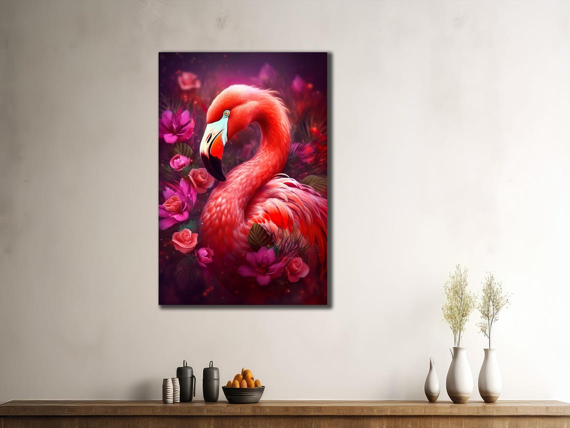 Pink Flamingo Blooming Flowers Dark Tropical Bird Wall Art Print - Image 3