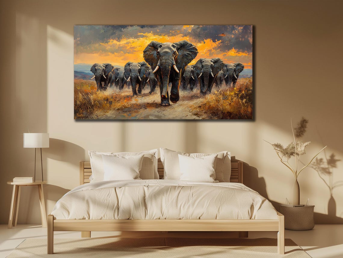 African Elephant Herd Charging Sunset Savanna Painting Wall Poster - Image 3