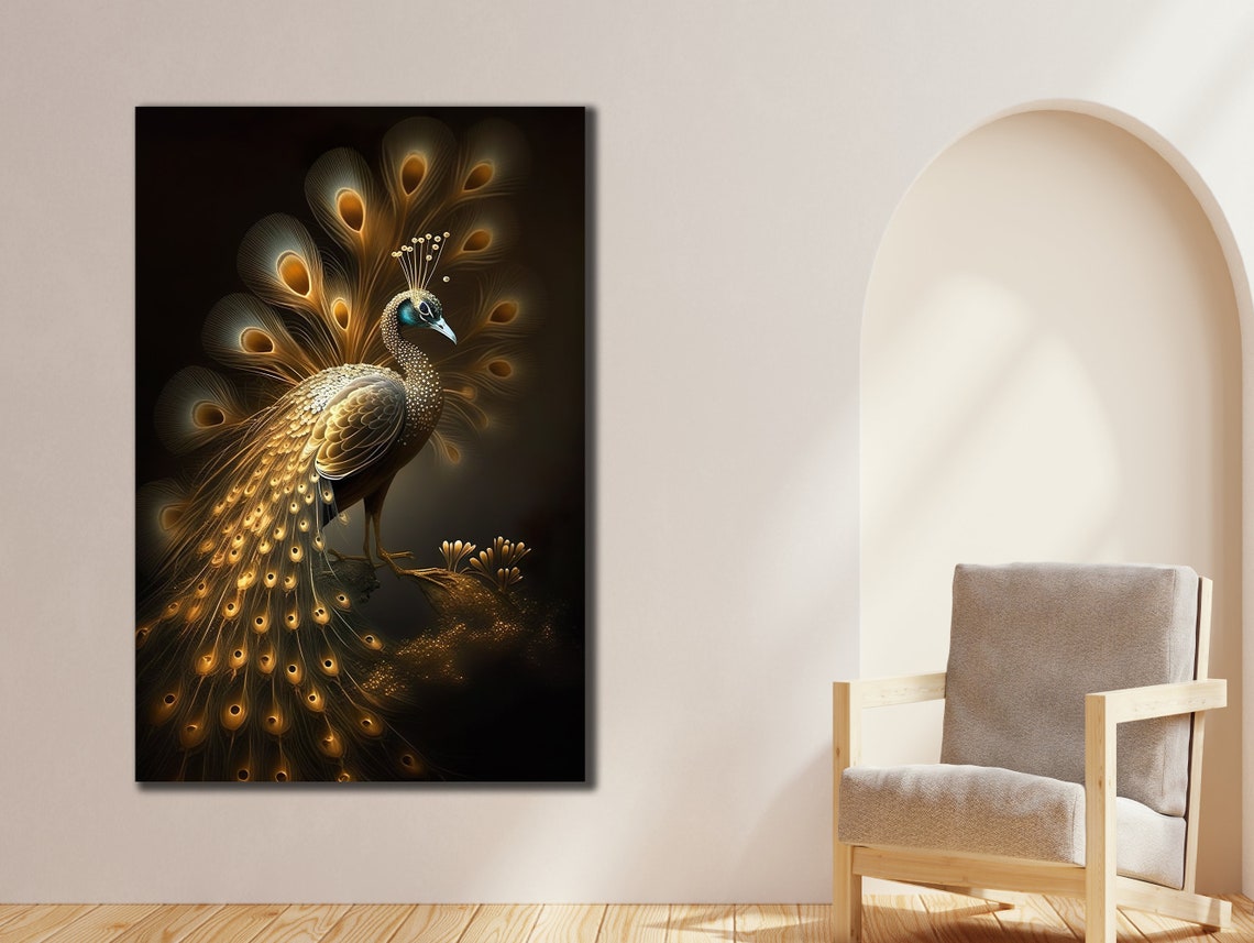 Golden Peacock Full Fanned Tail Elegant Dark Bird Wall Art Poster - Image 3