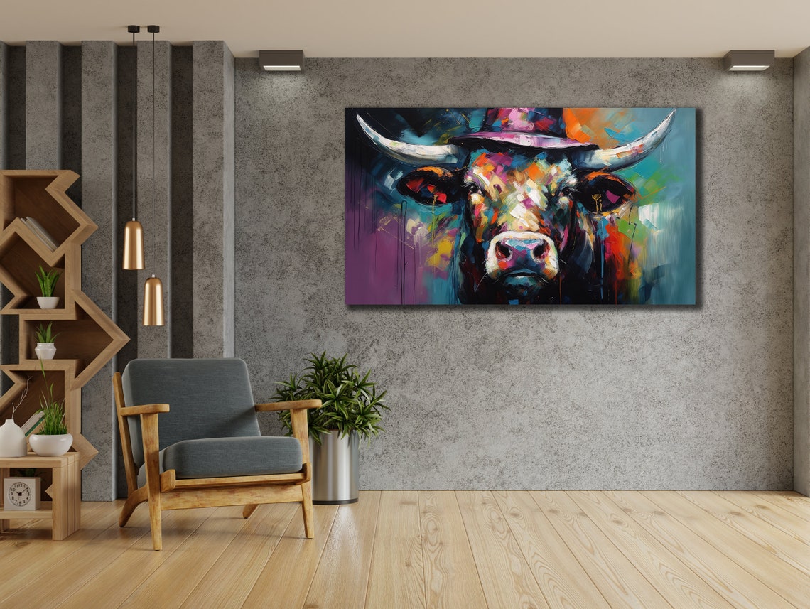 Multicolor Bull Portrait With Hat Abstract Animal Pop Art Poster - Image 3