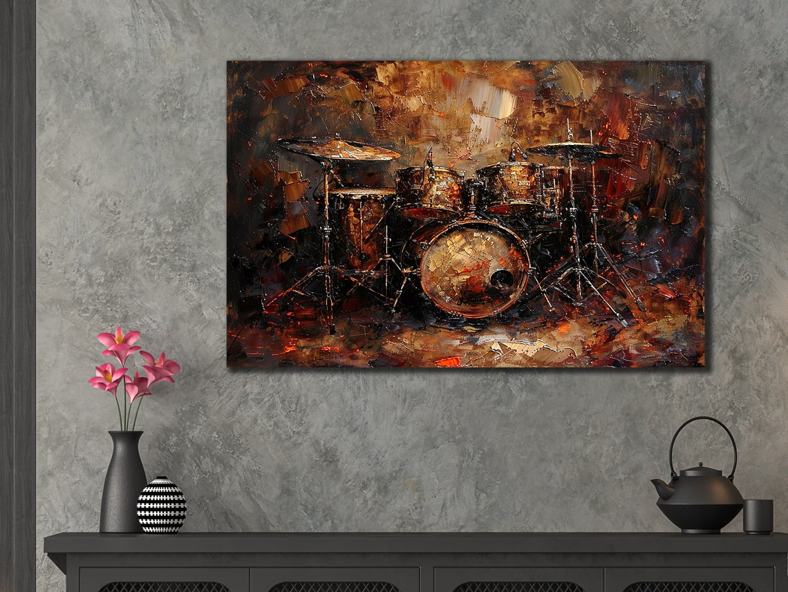 Drum Kit Abstract Painting in Warm Rust Tones Music Room Poster - Image 3