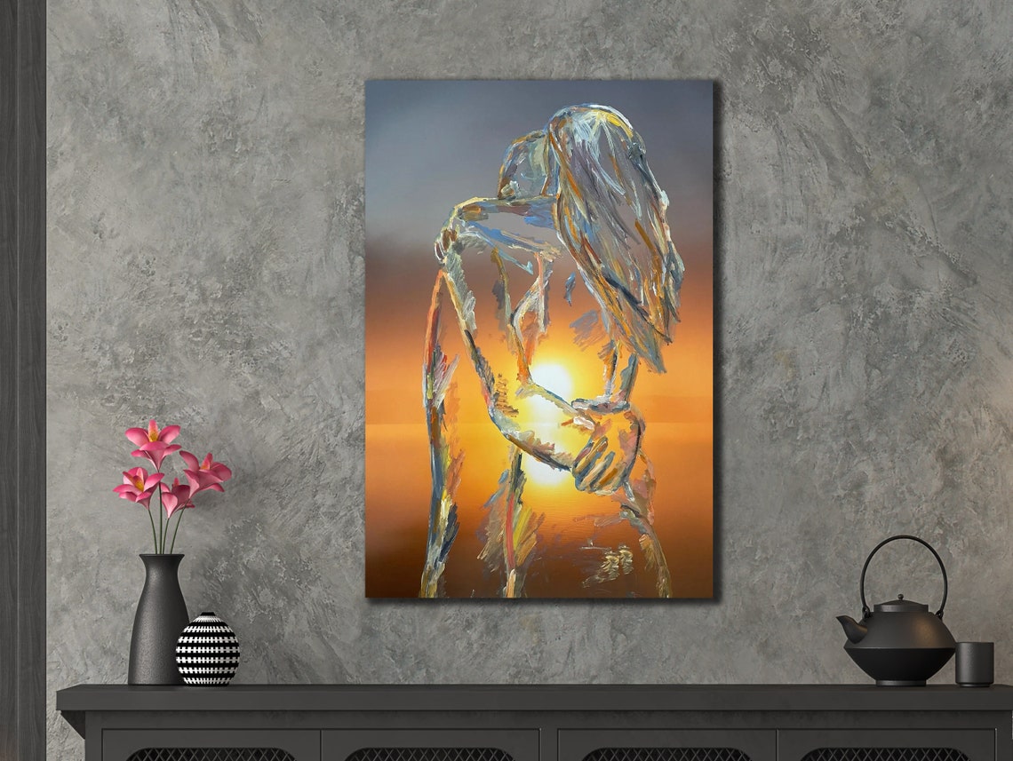 Embracing Couple Silhouette Sunset Abstract Romantic Wall Art Print - Image 3
