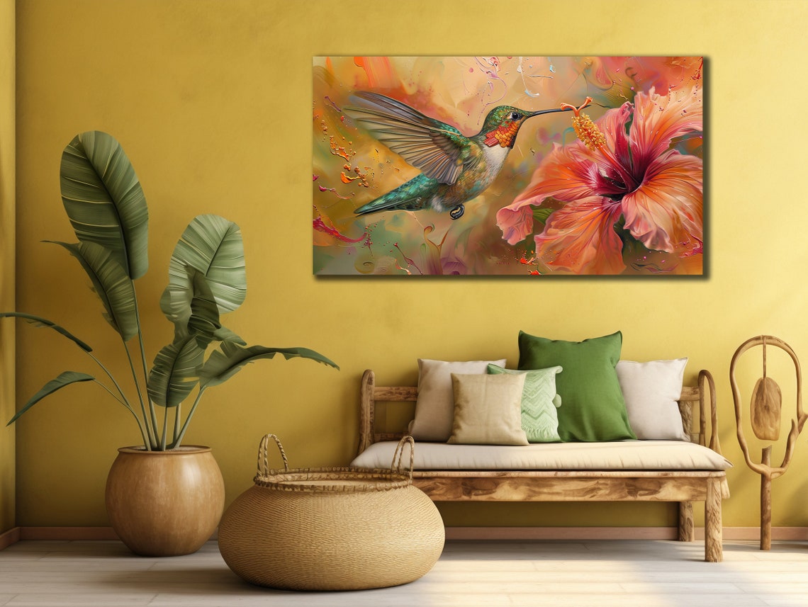 Hummingbird Hibiscus Flower Feeding Green Red Tropical Wall Art