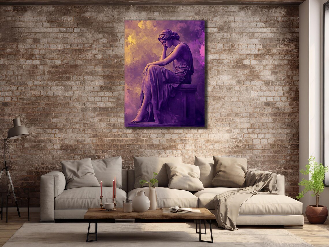 Greek Statue Seated Woman Purple Monochrome Classical Art Poster - Image 3