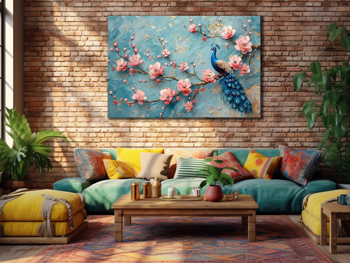 Peacock Perched Among Pink Blossoms Impasto Style Wall Art Poster
