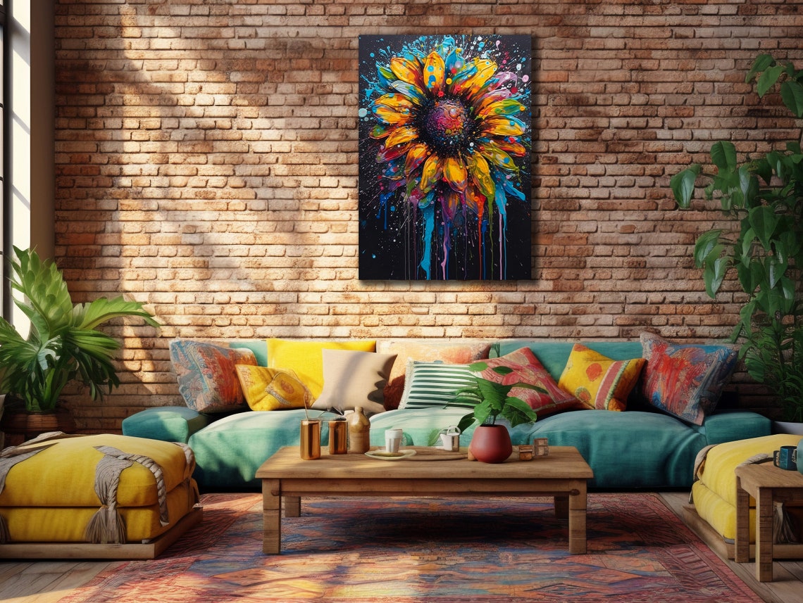 Vibrant Sunflower Black Background Colorful Drips Floral Art Poster