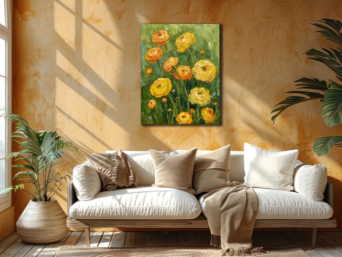 Sunny Yellow Ranunculus Flowers Oil Painting Cheerful Floral Poster - Image 2