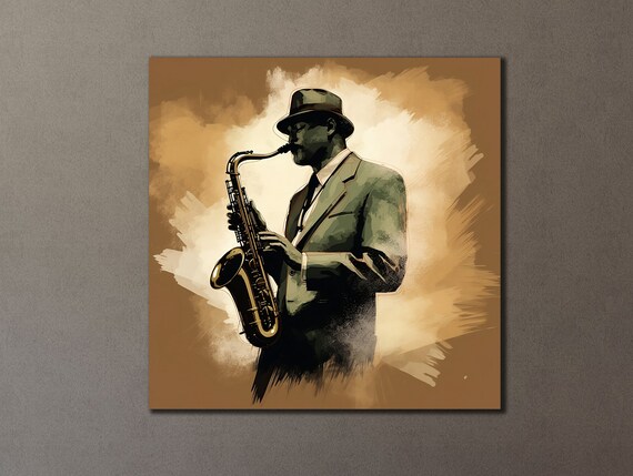 Jazz Saxophone Player Suit Hat Sepia Painting Music Lover Wall Poster