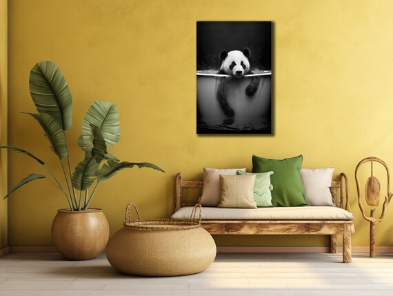 Cute Panda Bathing Bathtub Black White Funny Bathroom Wall Art