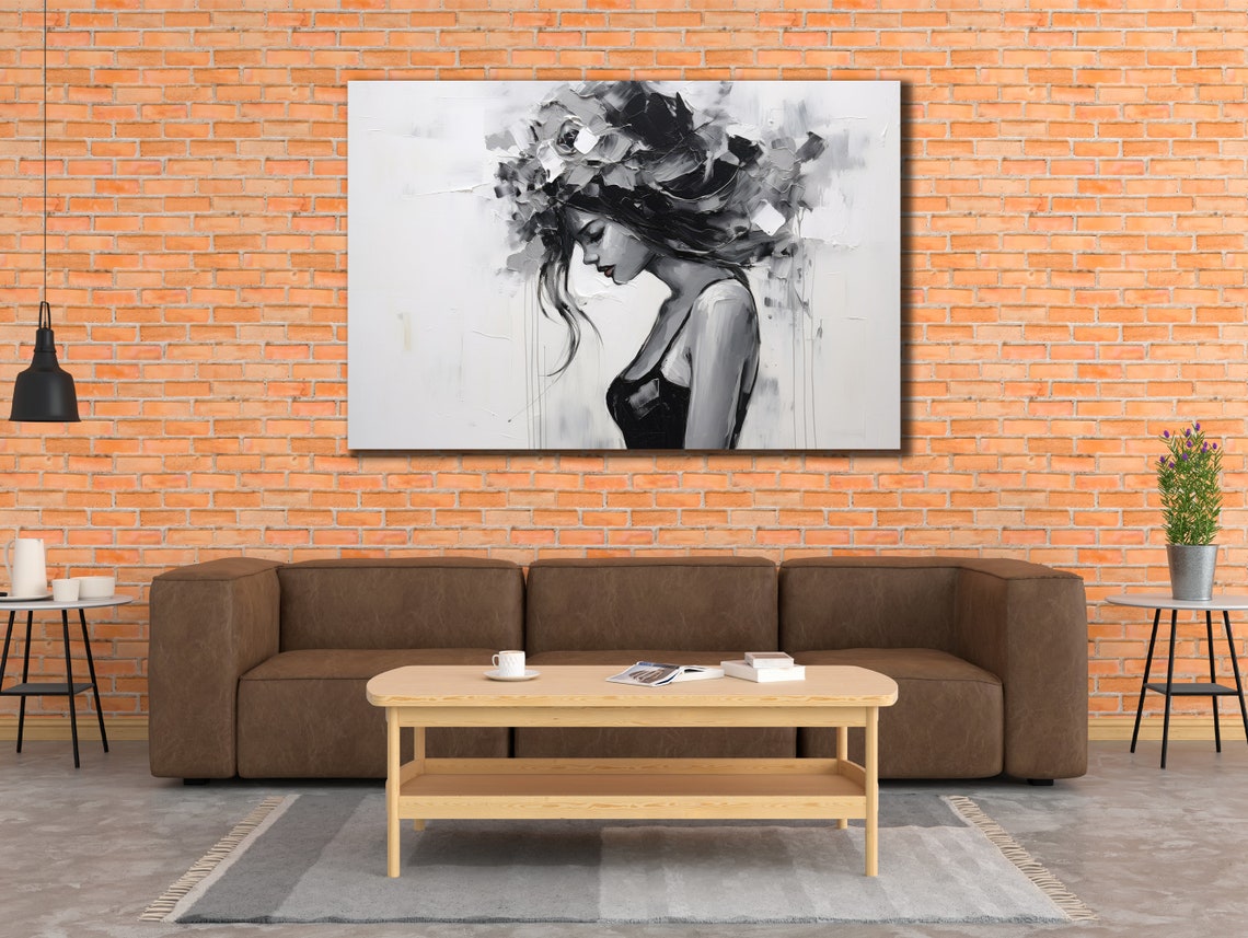 Black White Woman Profile Floral Crown Elegant Monochrome Wall Print